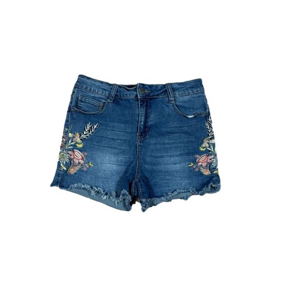 Cut Off Blue Jean Denim Shorts with Floral Embroidery and Distressed Hem - Picture 10 of 10